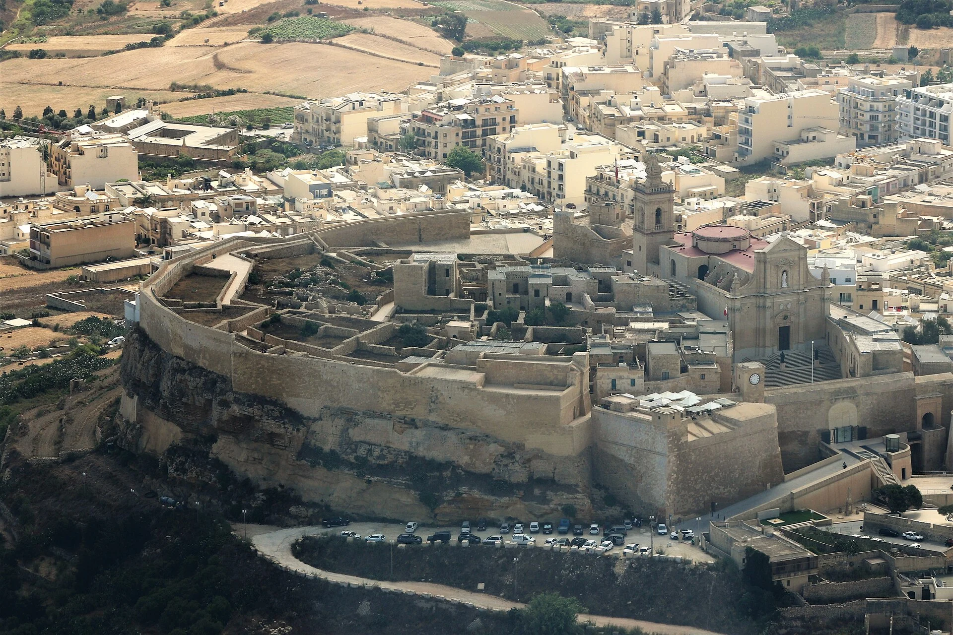 The stone walls and buildings of the Cittadella above Victoria on Gozo.