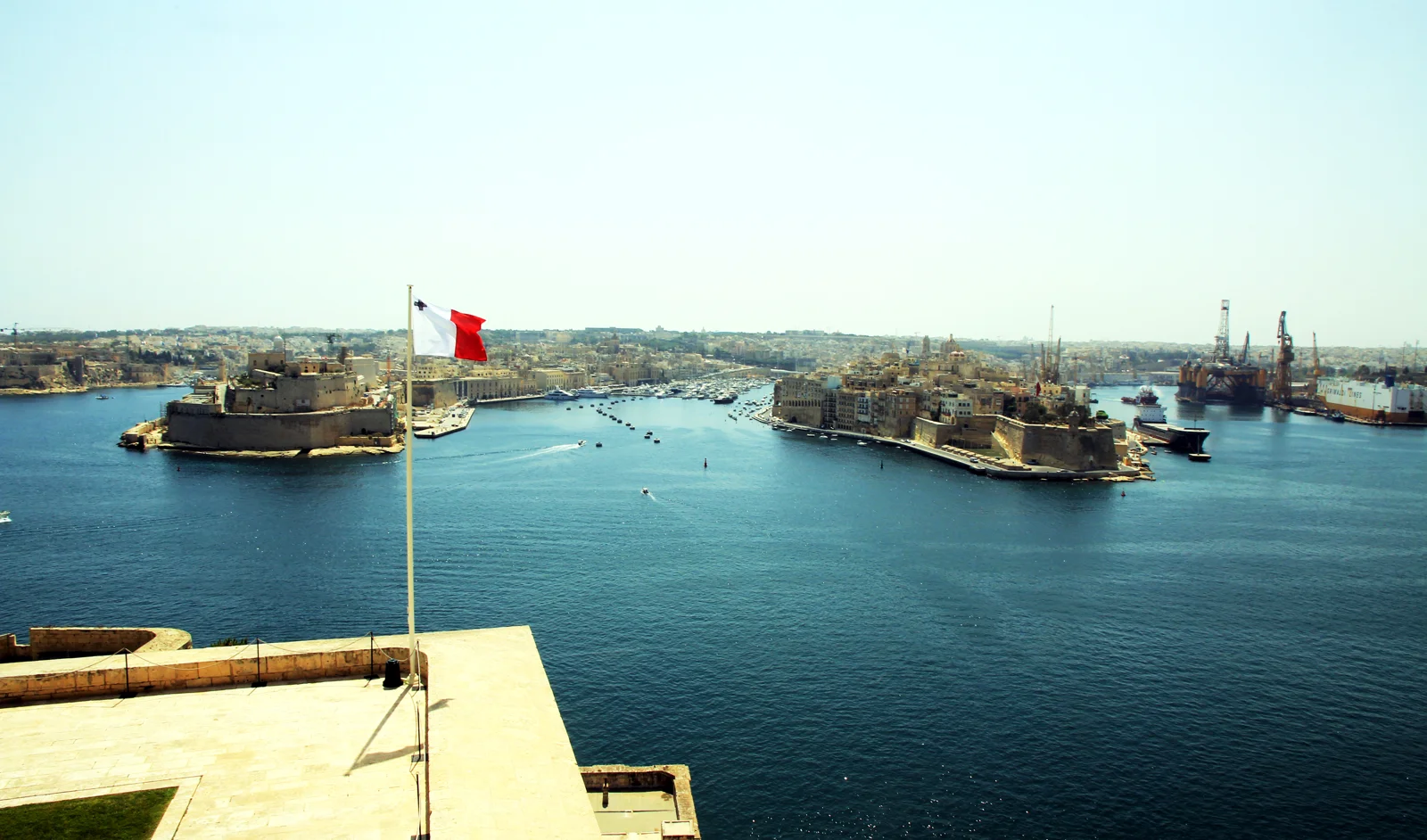 View from Upper Barrakka Gardens across the Grand Harbour towards Fort St Angelo, Birgu and Senglea.